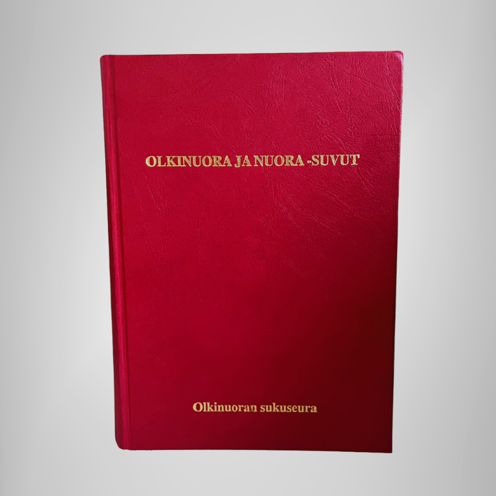 Olkinuora ja Nuora -sukukirja punaisella kannella